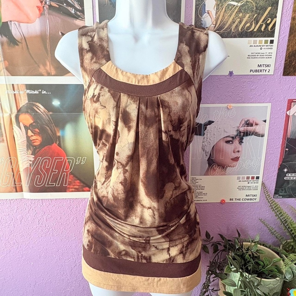 Boho Brown Abstract Print Tunic Top Size L